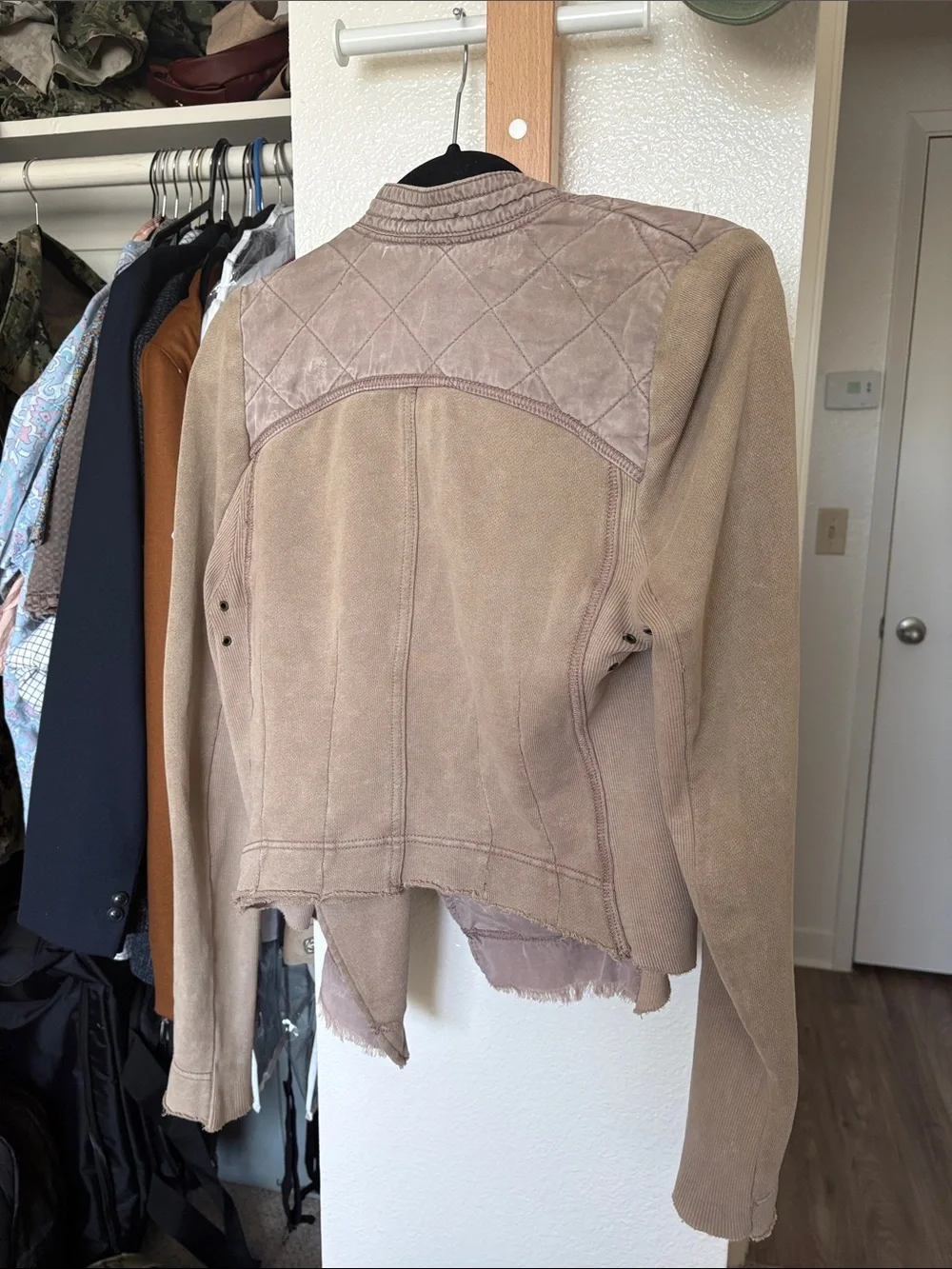 Free People Distressed Taupe Suede-Look Asymmetric Zip Jacket